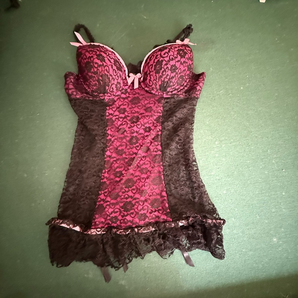 Victoria's Secret Black and Pink Lace Chemise